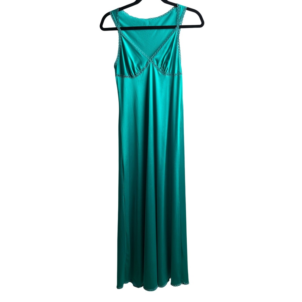 VTG Vanity Fair Teal Green Nylon Lace Trim‎ Maxi Slip Dress 32 USA Mermaid Core